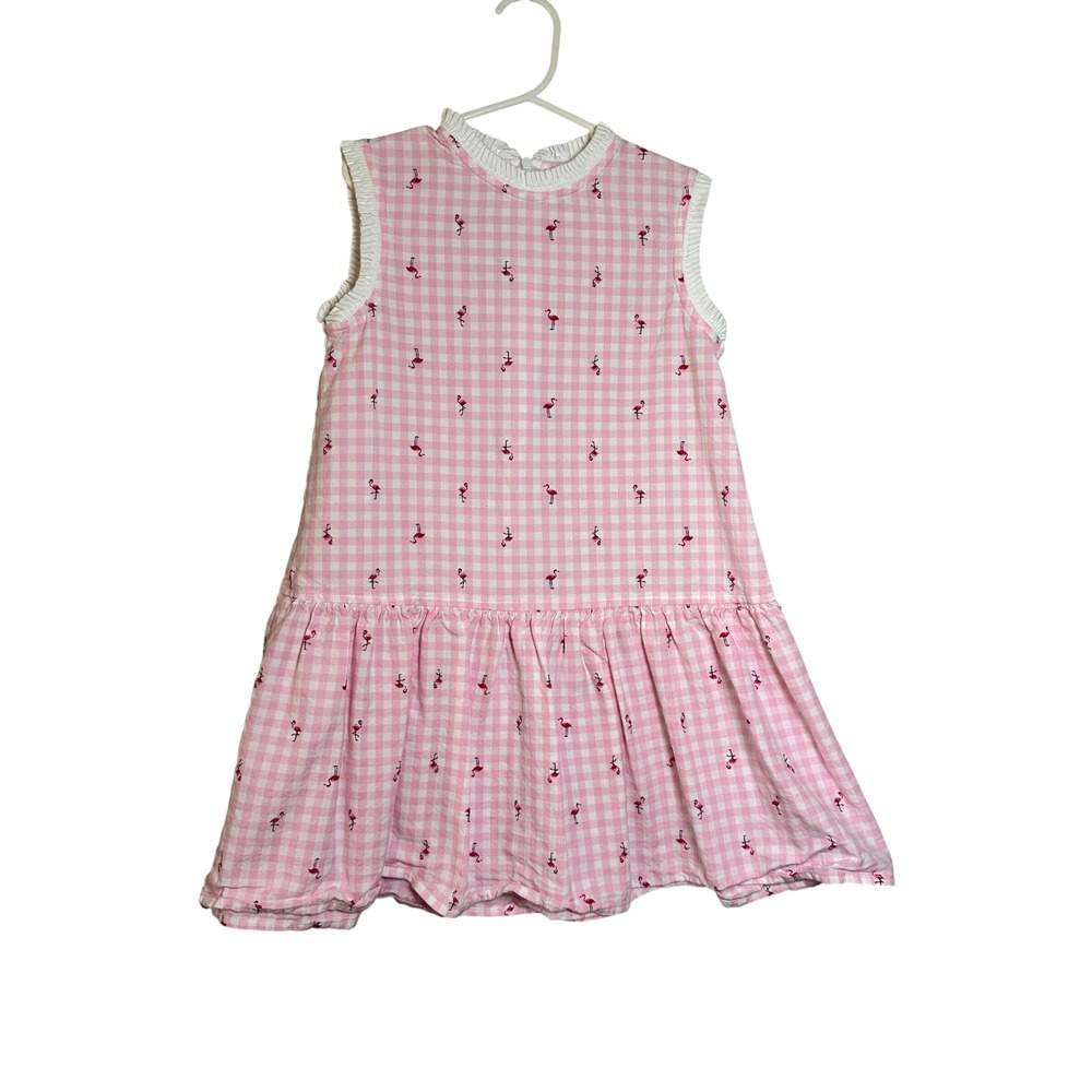 Anvy Kids Pink Gingham Flamingo Embroidered Drop Waist Ruffle Dress Made in USA